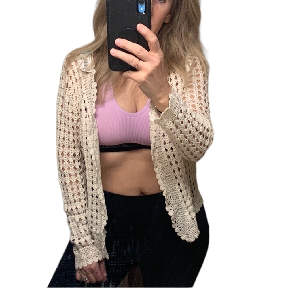 Crochet Cream Womens Sweater Long Sleeve Small / M Festival Boho Fairy Sweater